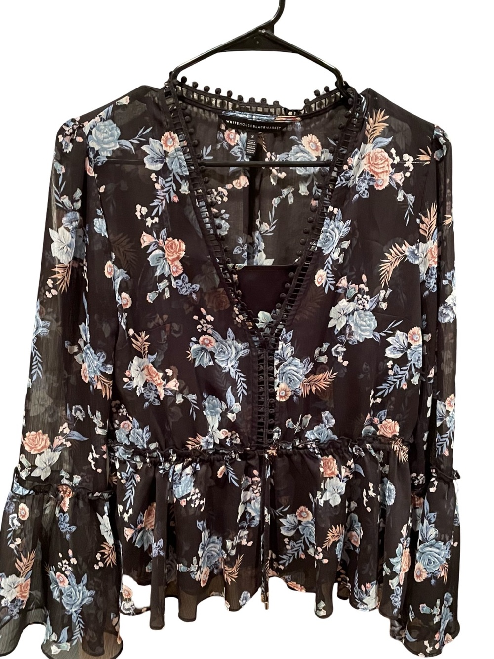White House Black Market Black Floral V-Neck Peplum Tie-Front Blouse